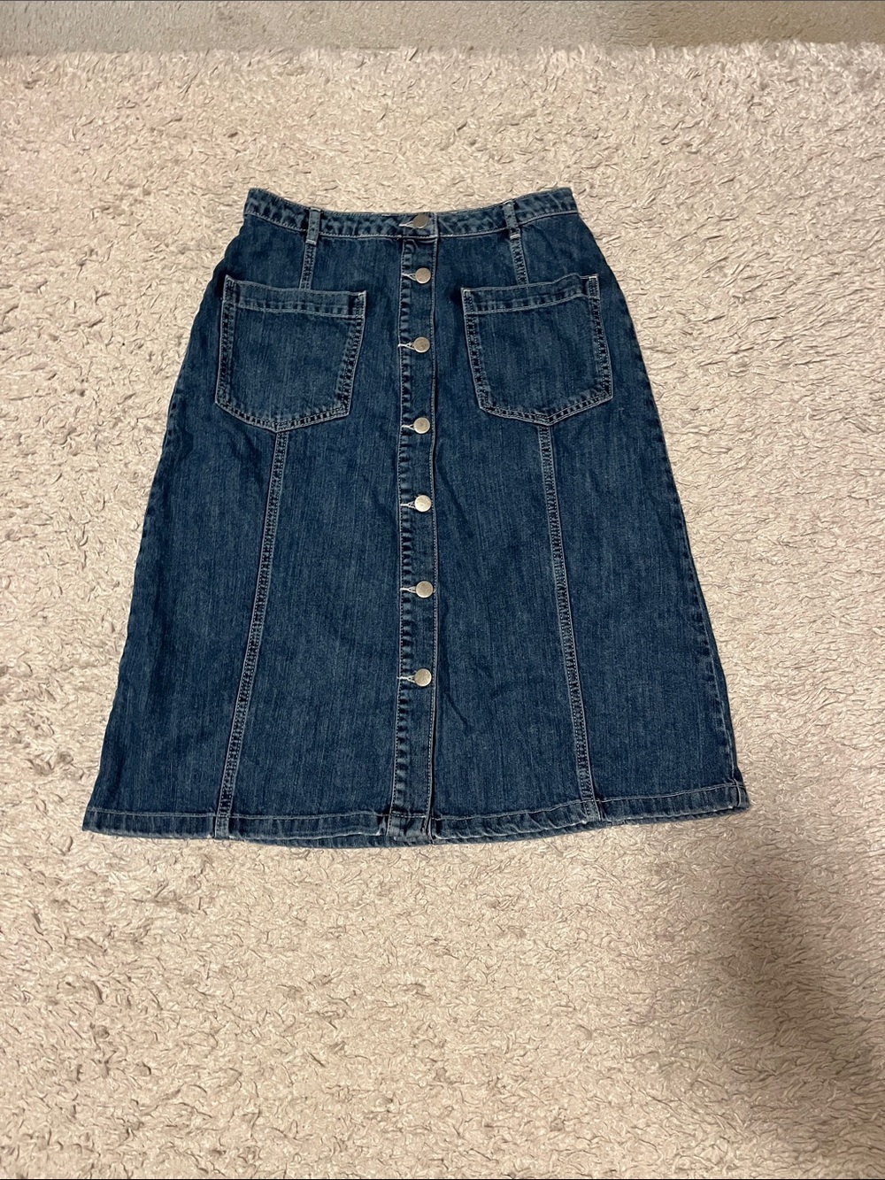 Button-Front Dark Blue Denim A-Line Skirt